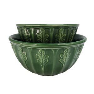 Green Oak Leaf Mixing Bowls Furio Home 8.75" & 7" coastal cottage